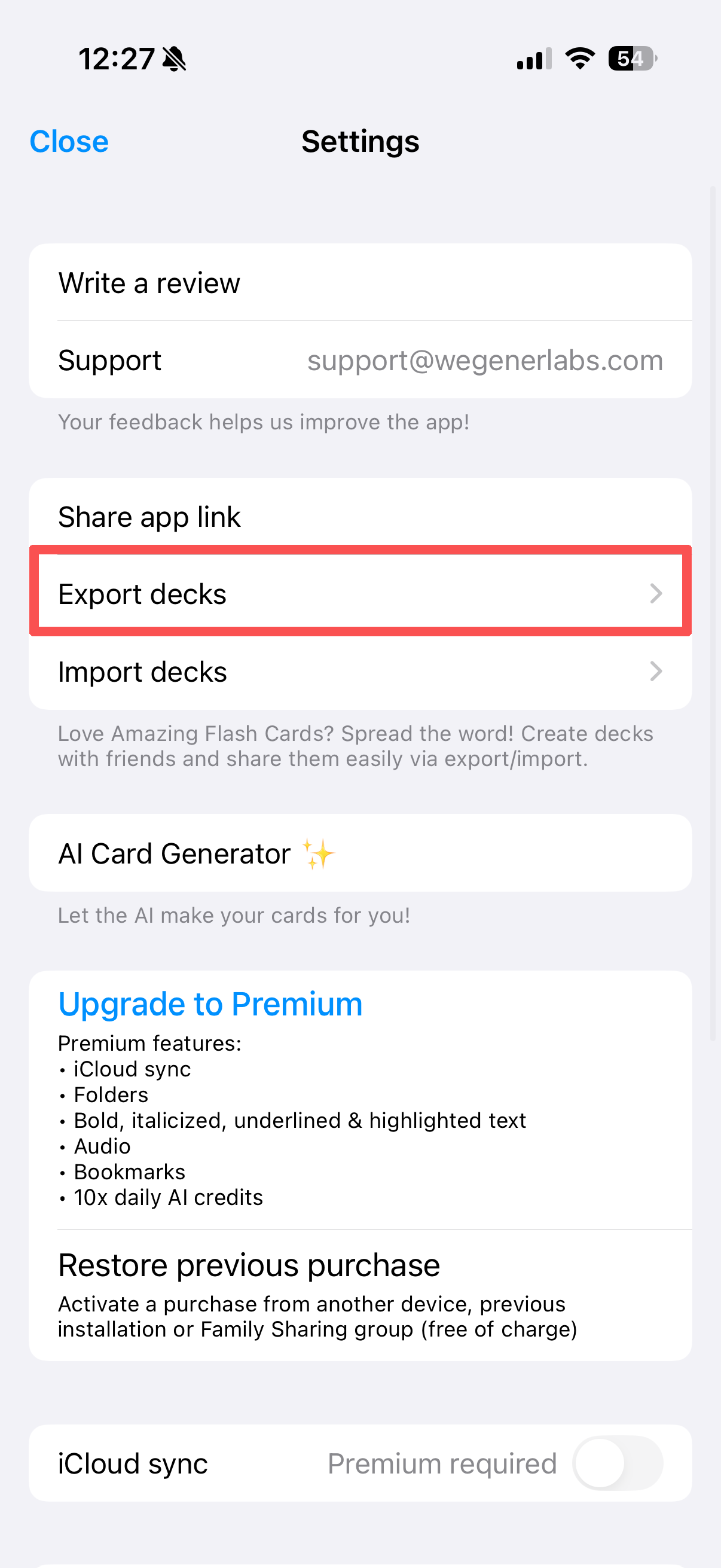 Go to export option